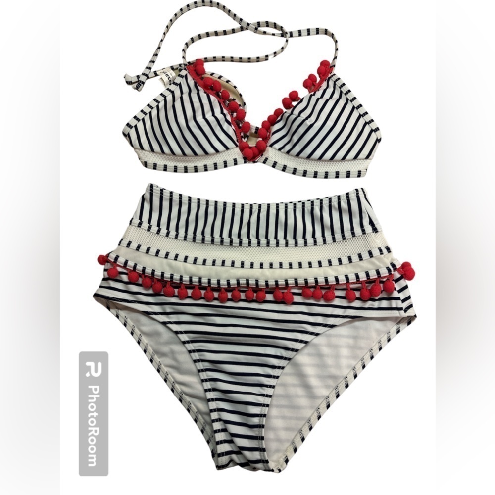 Cocoship Two Piece High Waisted SwimSuit Bikini Pom Poms Mesh Red/White/Blue 6